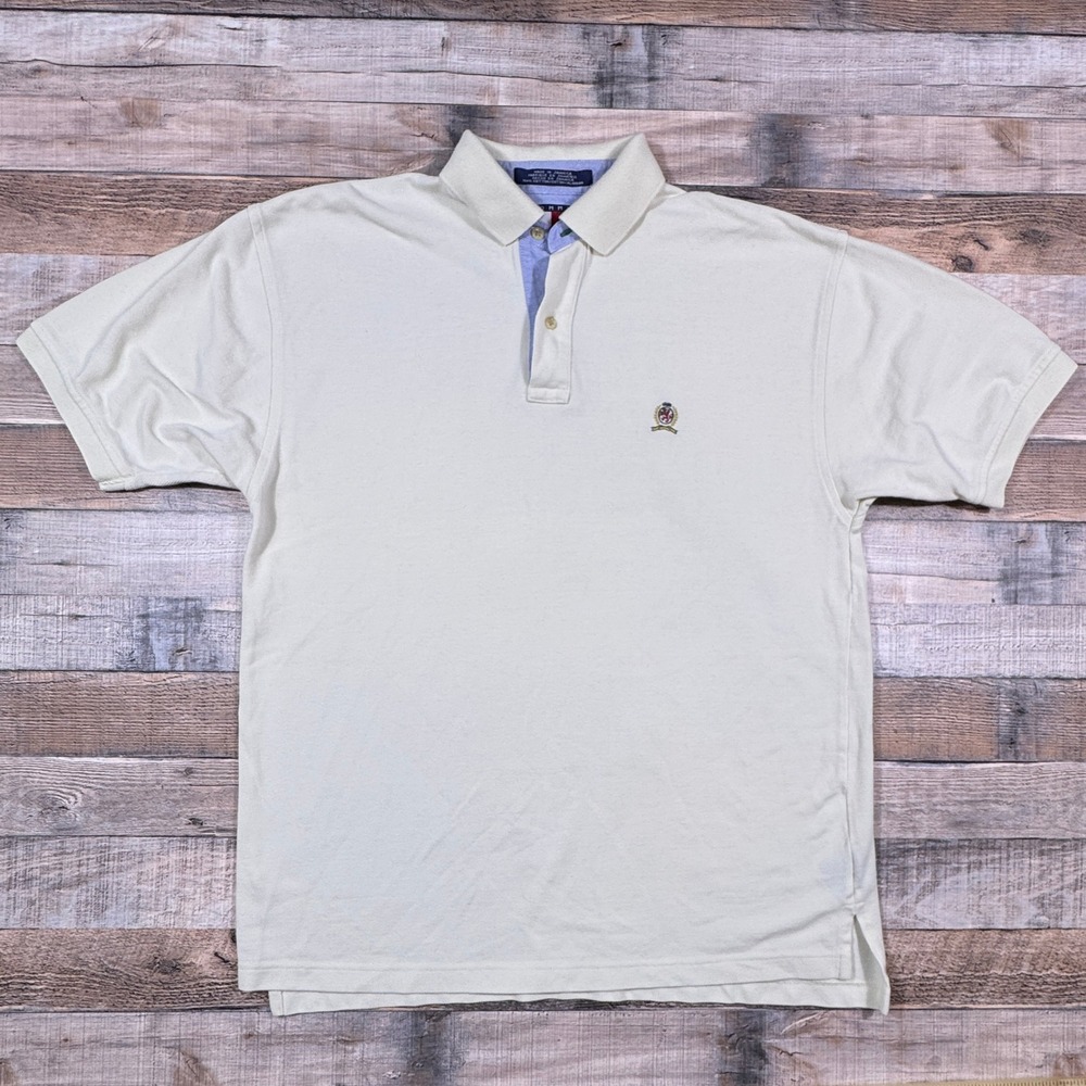 Tommy Hilfiger Mens Polo Shirt Medium Cream Cotton Short Sleeve‎ Crest Logo Vtg